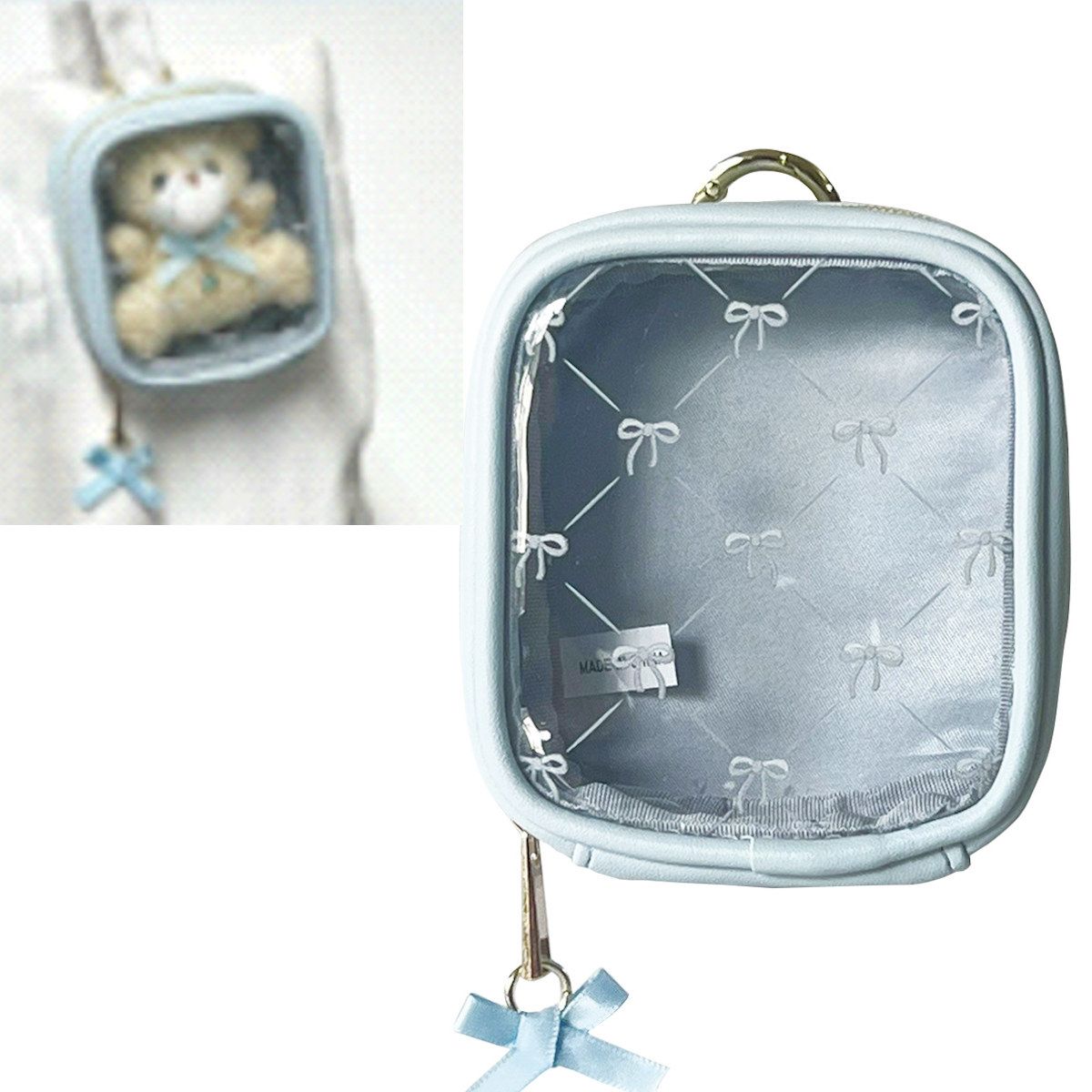 ポーチ リボン カラビナ クリアミニポーチ カラビナ付き ( 透明 ビニール ミニポーチ コスメ ぬいぐるみ 収納 持ち運び 収納ポーチ 小物入れ ビニールポーチ ぬいぐるみポーチ 小さめ キーホルダー バッグチャーム かわいい ) 【グリーン】 グリーン