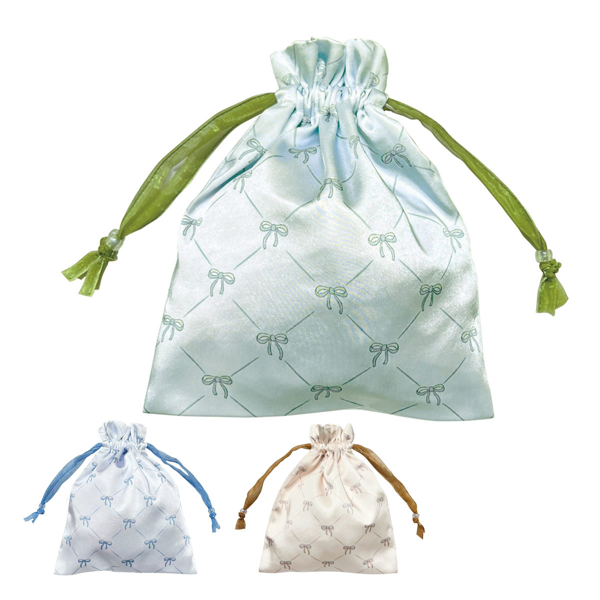 巾着 リボン サテン 巾着ポーチ ( 巾着袋 小物入れ 持ち運び 収納ポーチ メイクポーチ 手提げ 旅行 バッグインバッグ 巾着バッグ 小物収納 ハンドバッグ プレゼント おしゃれ 大人 かわいい 雑貨 ) 【ブルー】