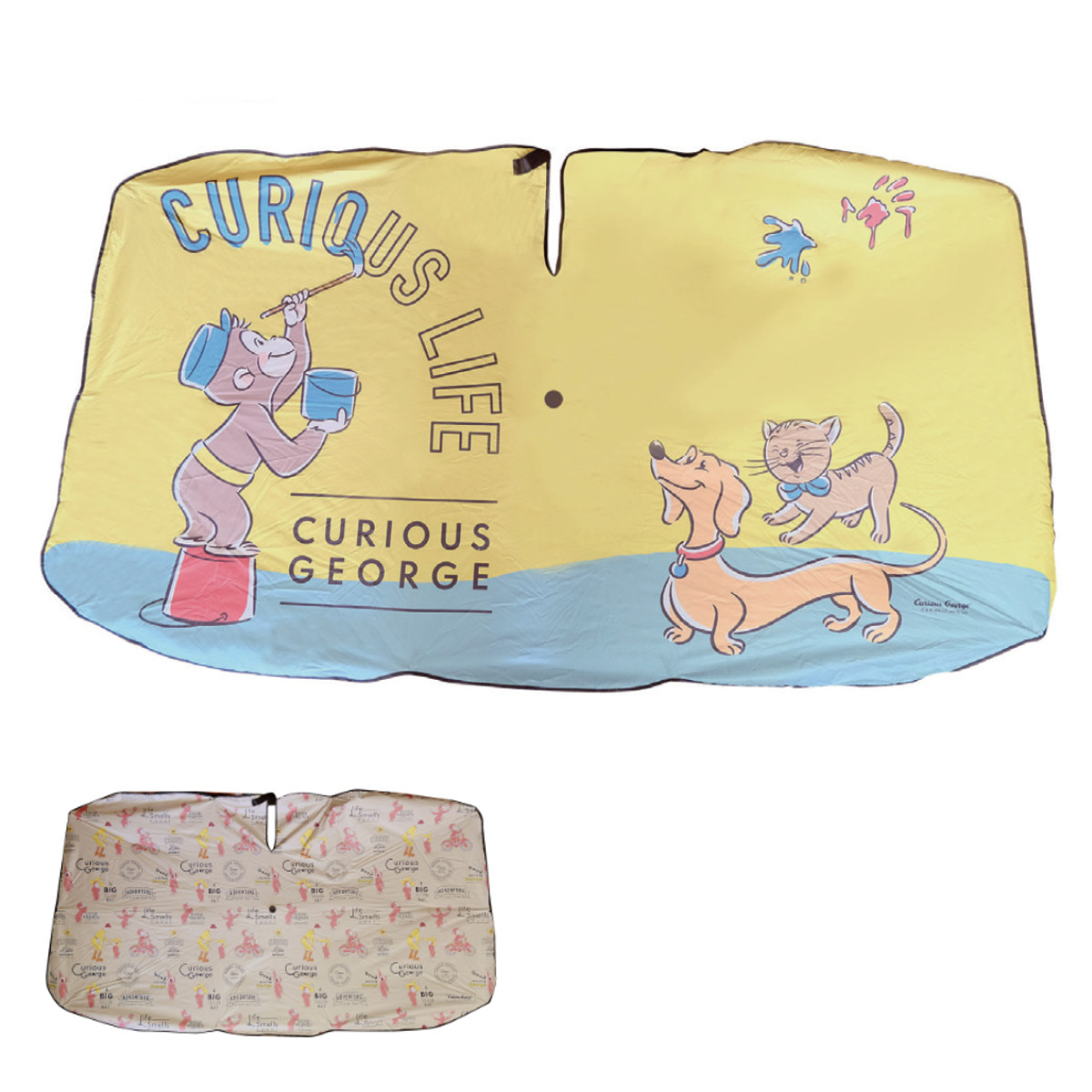 傘 サンシェード おさるのジョージ （ 車 折りたたみ フロントガラス用 コンパクト カー用品 日よけ 日除け ゴムバンド付き 断熱 UVカット 熱中症対策 キャラクター かわいい 車用品 ） 【ベージュ】