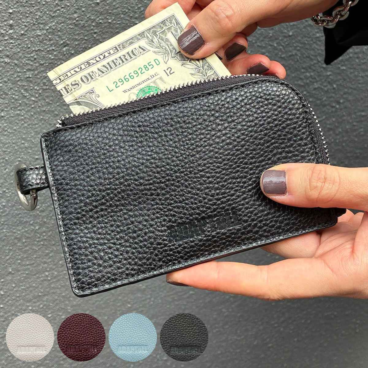 ケース フラグメントケース コイン入れ カラビナ付き （ コインケース ミニ財布 パスケース レザー調 薄い キャッシュレス カード収納 ファスナー お財布 小銭入れ カード 定期券 レディース メンズ 通勤 通学 持ち運び ） 【ブラック】