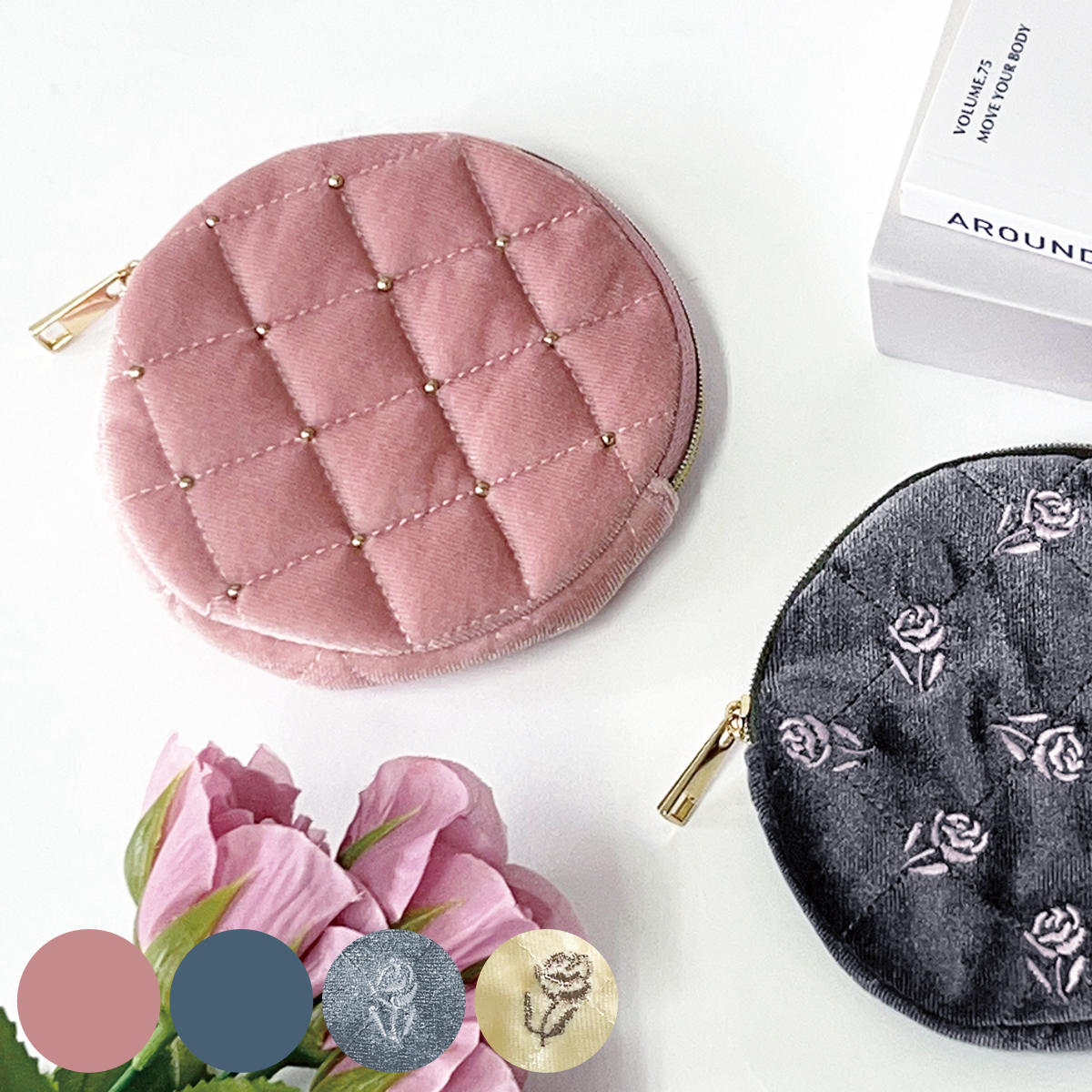 小物 収納 ベロア素材 丸型ポーチ （ ポーチ 丸 ラウンド 薄い スリム ミニポーチ 小物入れ コインケース 丸型 ベロア 小物収納 コインポーチ 薄型 コスメポーチ 化粧ポーチ 薬入れ シンプル かわいい 雑貨 プレゼント ） 【ブルー】