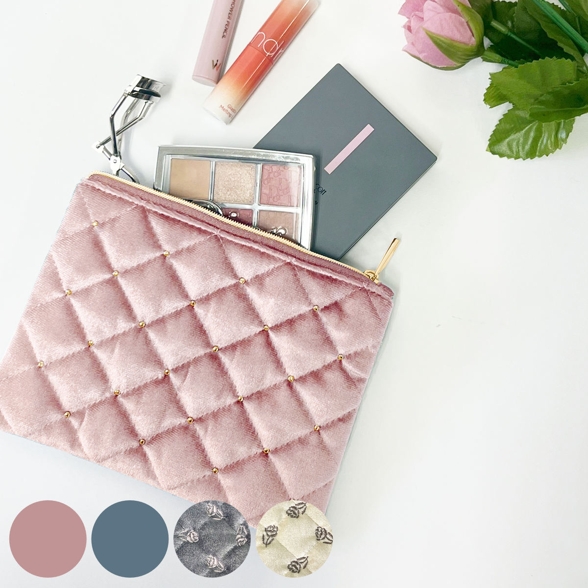 小物 収納 ベロア素材 フラットポーチ （ ポーチ 薄い スリム ミニポーチ 小物入れ コスメポーチ ベロア 小物収納 薄型 化粧ポーチ 薬入れ シンプル かわいい 雑貨 プレゼント ） 【グレー】