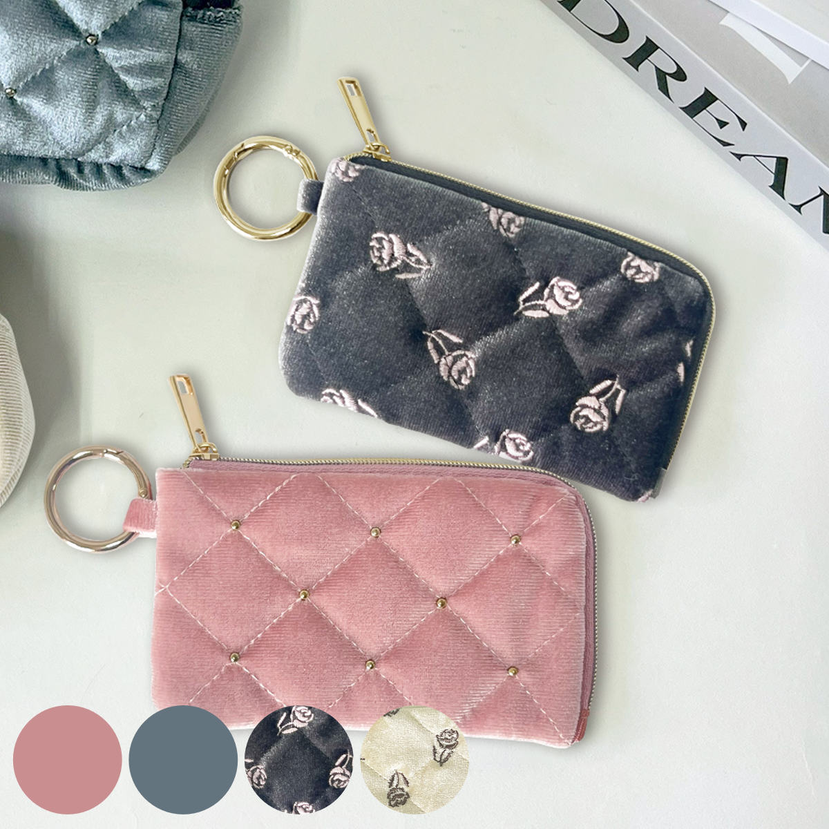 小物 収納 ベロア素材 カラビナ付き コンパクト ポーチ （ ミニポーチ 小物入れ イヤホンポーチ イヤホン入れ 持ち歩き イヤホン リップ 通勤 通学 コスメポーチ キーホルダー 薄い スリム ケース ベロア かわいい 雑貨 プレゼント ） 【アイボリー】