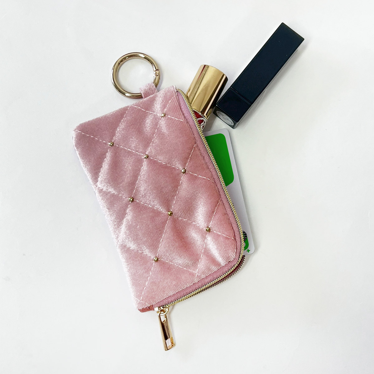 小物 収納 ベロア素材 カラビナ付き コンパクト ポーチ ( ミニポーチ 小物入れ イヤホンポーチ イヤホン入れ 持ち歩き イヤホン リップ 通勤 通学 コスメポーチ キーホルダー 薄い スリム ケース ベロア かわいい 雑貨 プレゼント ) 【グレー】 グレー