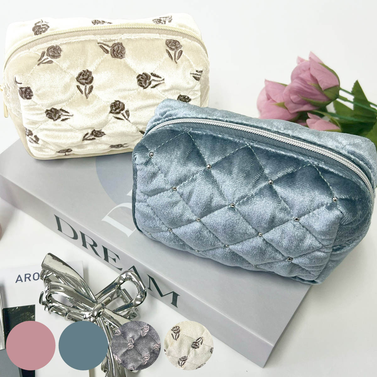 ポーチ 収納 ベロア素材 マチ付き （ コスメポーチ 大容量 化粧ポーチ 旅行 持ち運び トラベル 小物入れ 化粧品 おしゃれ 自立 大きめ シンプル ベロア かわいい 雑貨 プレゼント コスメ ガジェット 充電器 ） 【グレー】