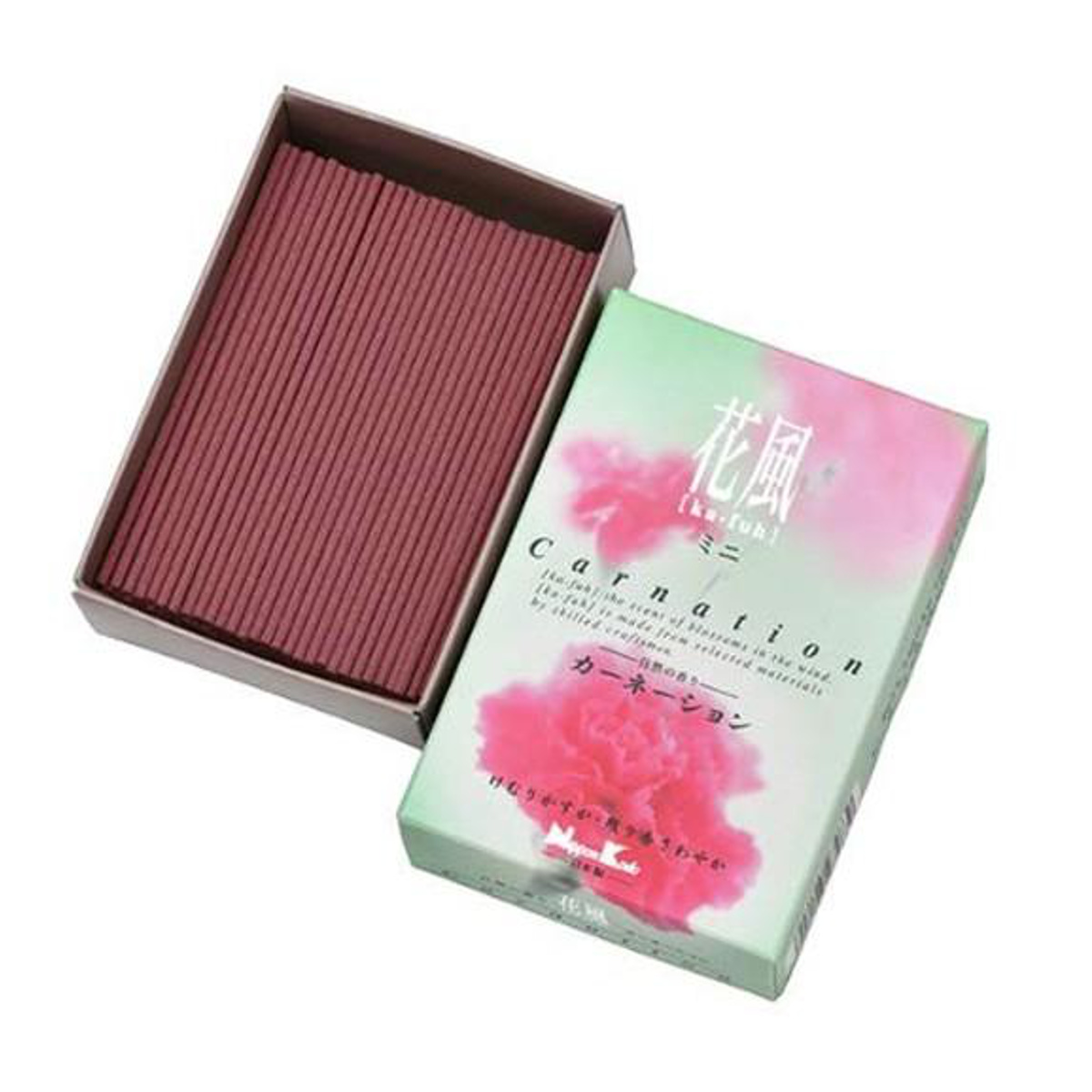 お線香 花風 カーネーション ミニ寸 80g ( 線香 日本香堂 煙少なめ 微煙 家庭用 15分燃焼 短い 少量 仏壇 お墓参り お彼岸 お供え 法事 仏前 花 香り 匂い お悔み 新盆 お盆 お歳暮 法要 帰省 自宅用 香り付き 日本製 )