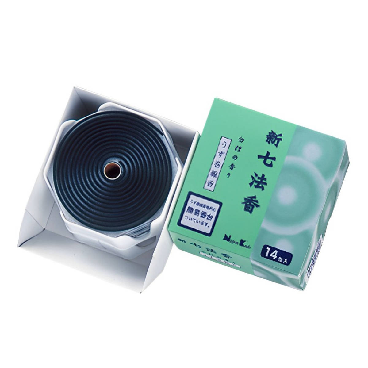 線香 渦巻き線香 新七法香 白檀 14巻入 ( お線香 渦巻線香 香台付き 12時間燃焼 お供え 初七日 お通夜 葬儀 四十九日 供養 御霊前 御仏前 神仏用 自宅用 日本香堂 )