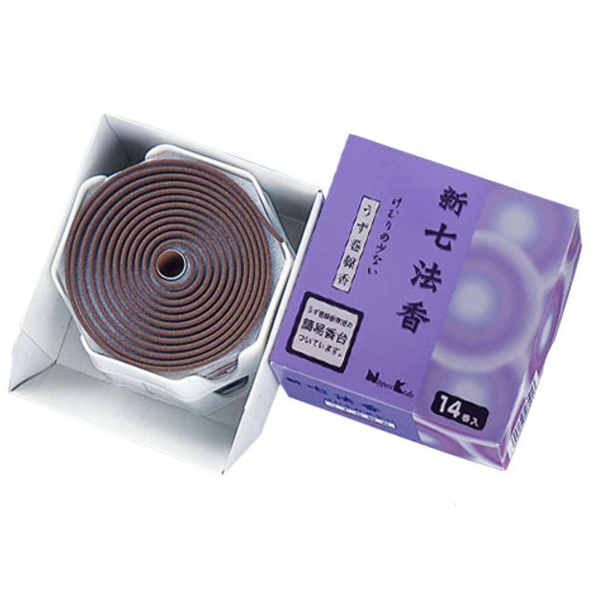 線香 渦巻き 煙少 新七法香 14巻入 ( お線香 渦巻線香 香台付き 煙少なめ 12時間燃焼 お供え 初七日 お通夜 葬儀 四十九日 供養 御霊前 御仏前 神仏用 自宅用 日本香堂 )