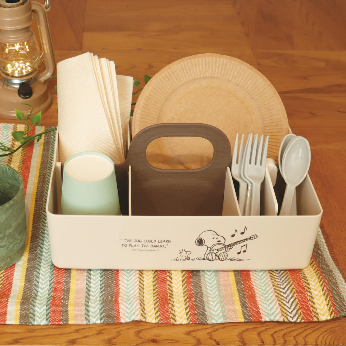 収納ボックス スヌーピー モッテケース 幅28×奥行18.5×高さ13.5cm ( SNOOPY 小物収納 ハンドル付き 収納ケース 仕切り付き 日本製 小物ケース 小物入れ PEANUTS スタッキング 積み重ね メイクボックス 整理 整頓 キッチン ) 【ベージュ】 ベージュ