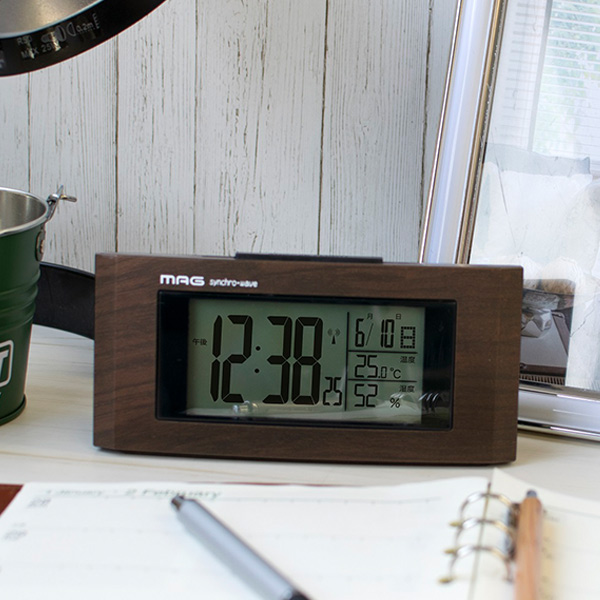 置時計 電波時計 ウッドライン （ 置き時計 インテリア 目覚まし時計 カレンダー 木目調 デジタル 電波 温度湿度計 書斎 オフィス ライト