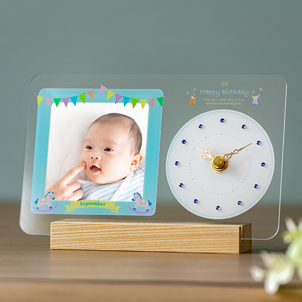 フォトフレーム 時計 出産祝い 9月 誕生石 サファイア プレゼント アナログ おしゃれ 置き時計 オシャレ（ 写真立て フォトスタンド 写真