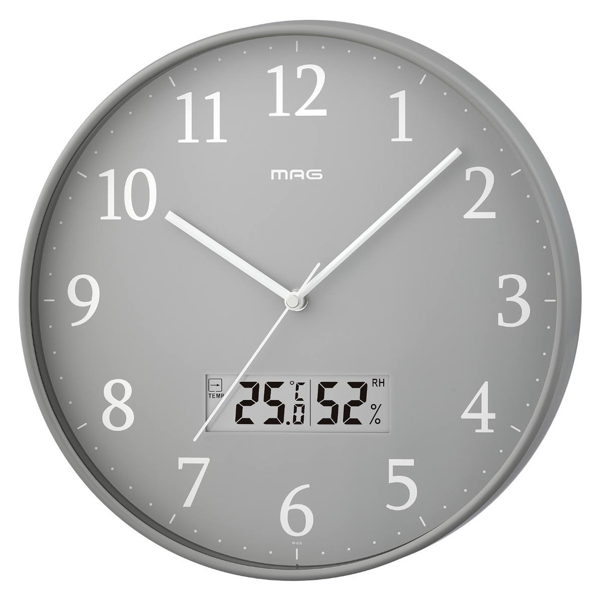 掛け時計 グリージョ MAG 電波時計 ステップ秒針 秒針停止機能付き 温湿度計付き ( マグ ウォールクロック 時刻同期 時計 壁掛け アナログ時計 30cm 温度 湿度 夜間秒針停止 シンプル レトロ おしゃれ 文字盤 グレー )