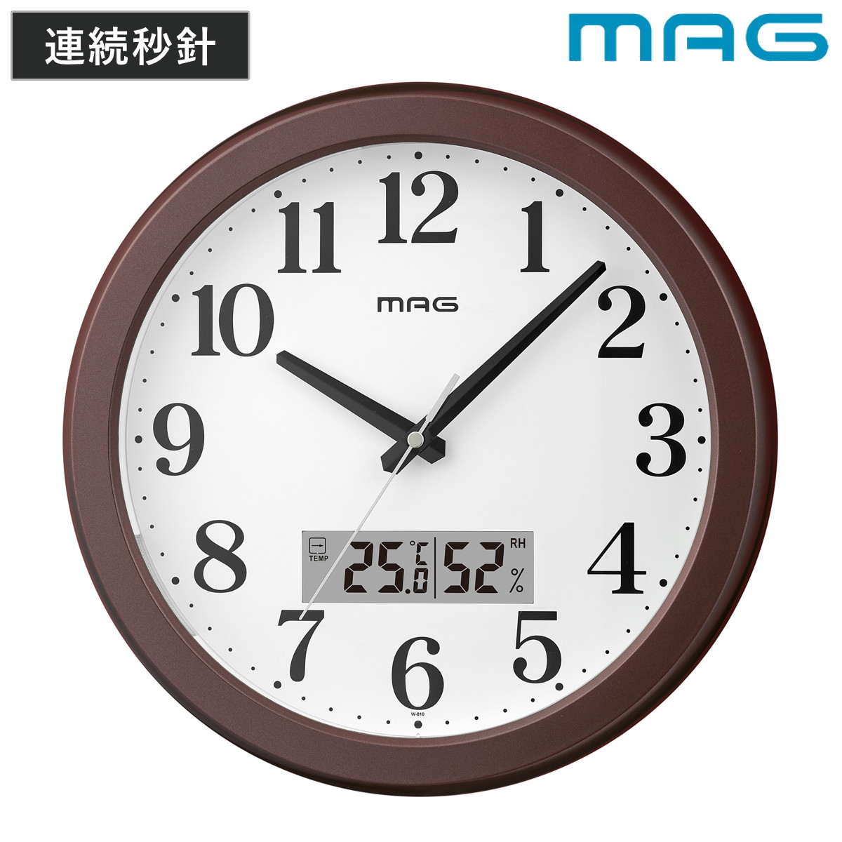 掛け時計 連続秒針 静音 温湿度計付き 自動点灯ライト機能 明夜 MAG （ 時計 壁掛け時計 ウォールクロック アナログ 壁 かけ時計 掛時計 静か おしゃれ とけい クロック 壁かけ時計 壁掛け 秒針 シンプル 温度 湿度 ライト ）
