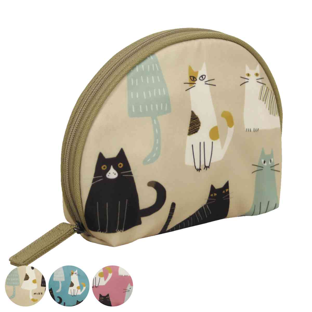 ポーチ シェルポーチ ネコ 化粧ポーチ （ マルチポーチ コスメポーチ 猫 ねこ 動物 丸 マチあり ポケット 仕切り 撥水 ファスナー トラベル 小物 化粧品 コスメ 財布 持ち運び おしゃれ かわいい 小さめ ） 【ベージュ】