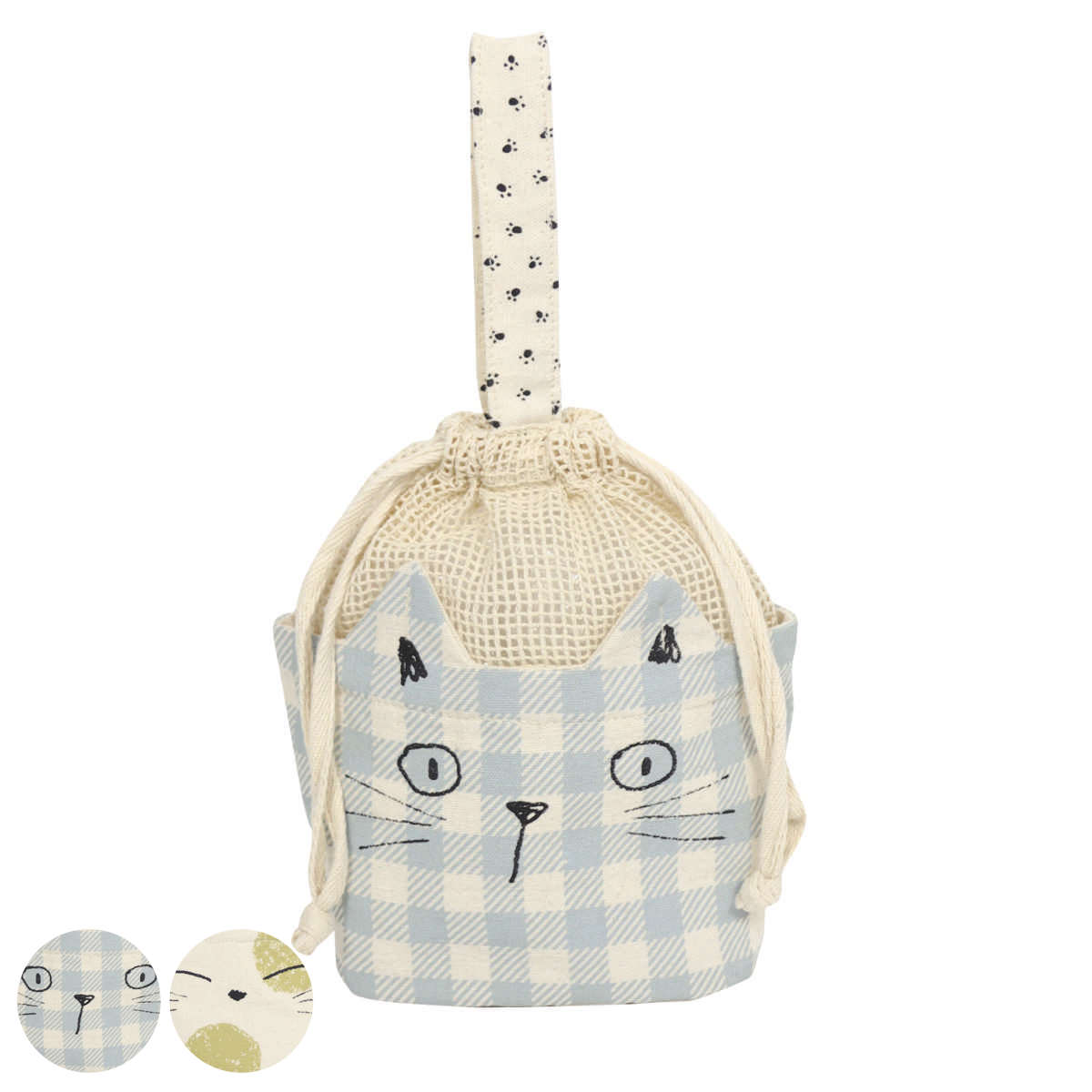 ポーチ ネコミミ 巾着ポーチ ネコ （ フェイスポーチ 猫 ねこ 顔 巾着袋 小物入れ コットン 動物 マルチポーチ 持ち歩き バッグ かばん 鞄 持ち手付き 小物収納 マルチケース かわいい 雑貨 プレゼント おしゃれ ） 【ブルー】