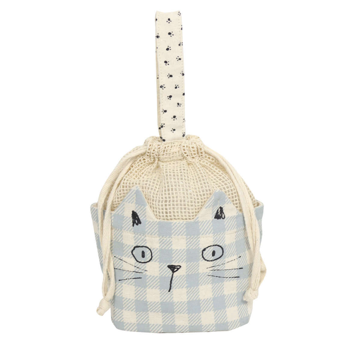ポーチ ネコミミ 巾着ポーチ ネコ ( フェイスポーチ 猫 ねこ 顔 巾着袋 小物入れ コットン 動物 マルチポーチ 持ち歩き バッグ かばん 鞄 持ち手付き 小物収納 マルチケース かわいい 雑貨 プレゼント おしゃれ ) 【ブルー】 ブルー
