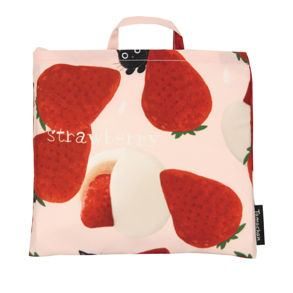 エコバッグ プリント たまちゃん 折りたたみ コンパクト ( マイバッグ エコバック マイバック レジ袋 トート マチ 大容量 肩掛け 軽量 撥水 マチ広 スーパー コンビニ レジバッグ サブバッグ ショッピングバッグ ネコ かわいい ) 【イチゴ】 イチゴ
