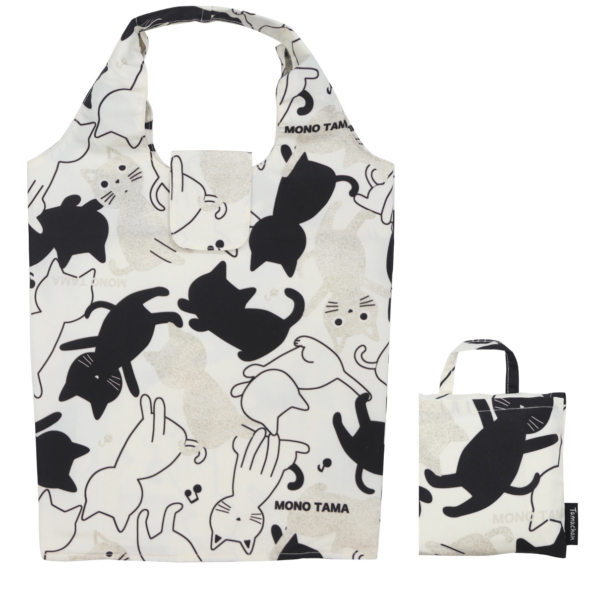 エコバッグ モノたま Sサイズ 面テープ止め ( マイバッグ エコバック マイバック レジ袋 コンパクト トート 折りたたみ マチ 撥水 軽量 レジバッグ サブバッグ 買い物バッグ ショッピングバッグ おしゃれ ネコ ) 【ブラック】 ブラック