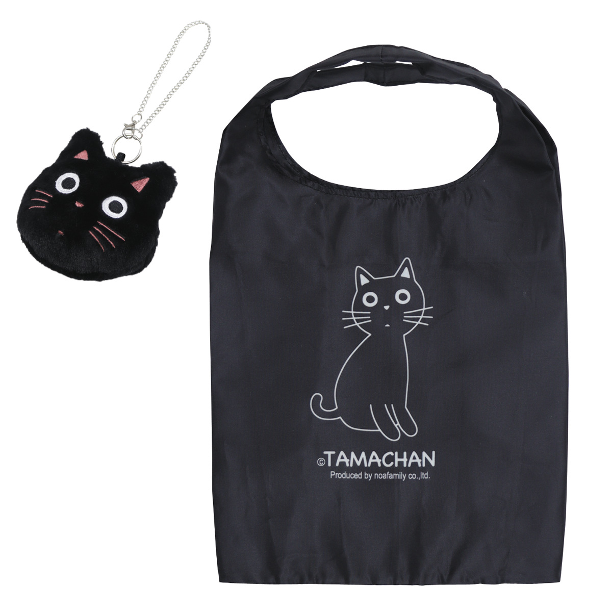 エコバッグ たまチャーム付 収納ケース 折りたたみ ( マイバッグ エコバック マイバック レジ袋 コンパクト トート マチ 撥水 軽量 レジバッグ サブバッグ 買い物バッグ ショッピングバッグ おしゃれ ネコ マスコット ) 【ブラック】 ブラック
