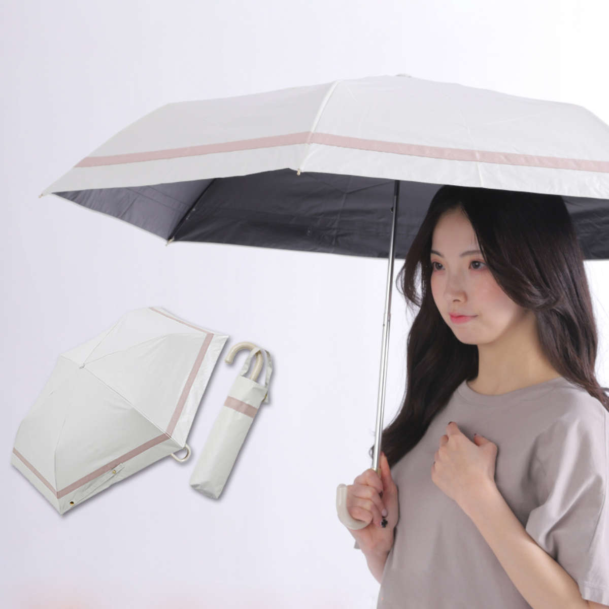 折りたたみ傘 晴雨兼用 LINEDROPS グログランリボン 50cm 手開き式 ( 傘 折り畳み傘 レディース かさ 雨傘 日傘 UVカット 99% 撥水 遮光 遮熱 日焼け防止 UV対策 暑さ対策 カサ アンブレラ 通勤 通学 ストラップ付き ) 【ホワイト】 ホワイト