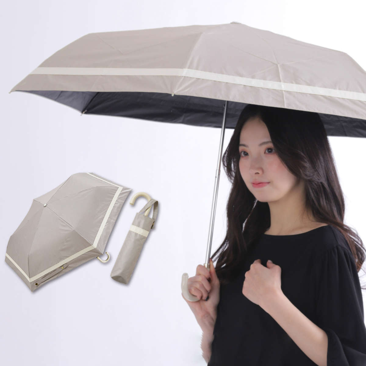 折りたたみ傘 晴雨兼用 LINEDROPS グログランリボン 50cm 手開き式 ( 傘 折り畳み傘 レディース かさ 雨傘 日傘 UVカット 99% 撥水 遮光 遮熱 日焼け防止 UV対策 暑さ対策 カサ アンブレラ 通勤 通学 ストラップ付き ) 【ホワイト】 ホワイト