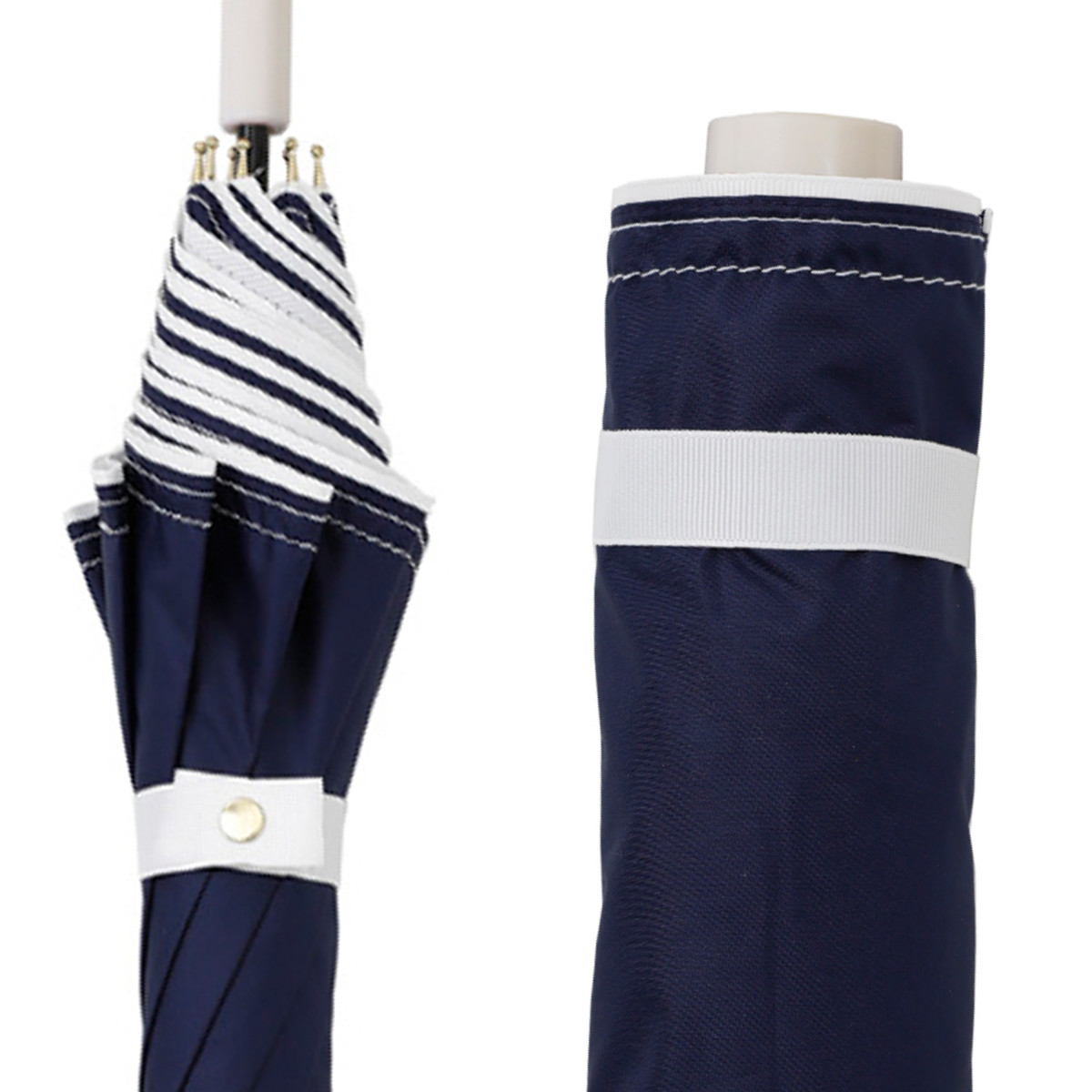 長傘 折りたたみ傘 晴雨兼用 LINEDROPS グログランリボン ステッチ 50cm 手開き式 ( 傘 折り畳み傘 レディース かさ 雨傘 日傘 UVカット 99% 完全遮光 撥水 遮熱 遮光 日焼け防止 カサ アンブレラ 通勤 通学 UV対策 暑さ対策 ) 【ネイビー 折りたたみ傘】 ネイビー 折りたたみ傘