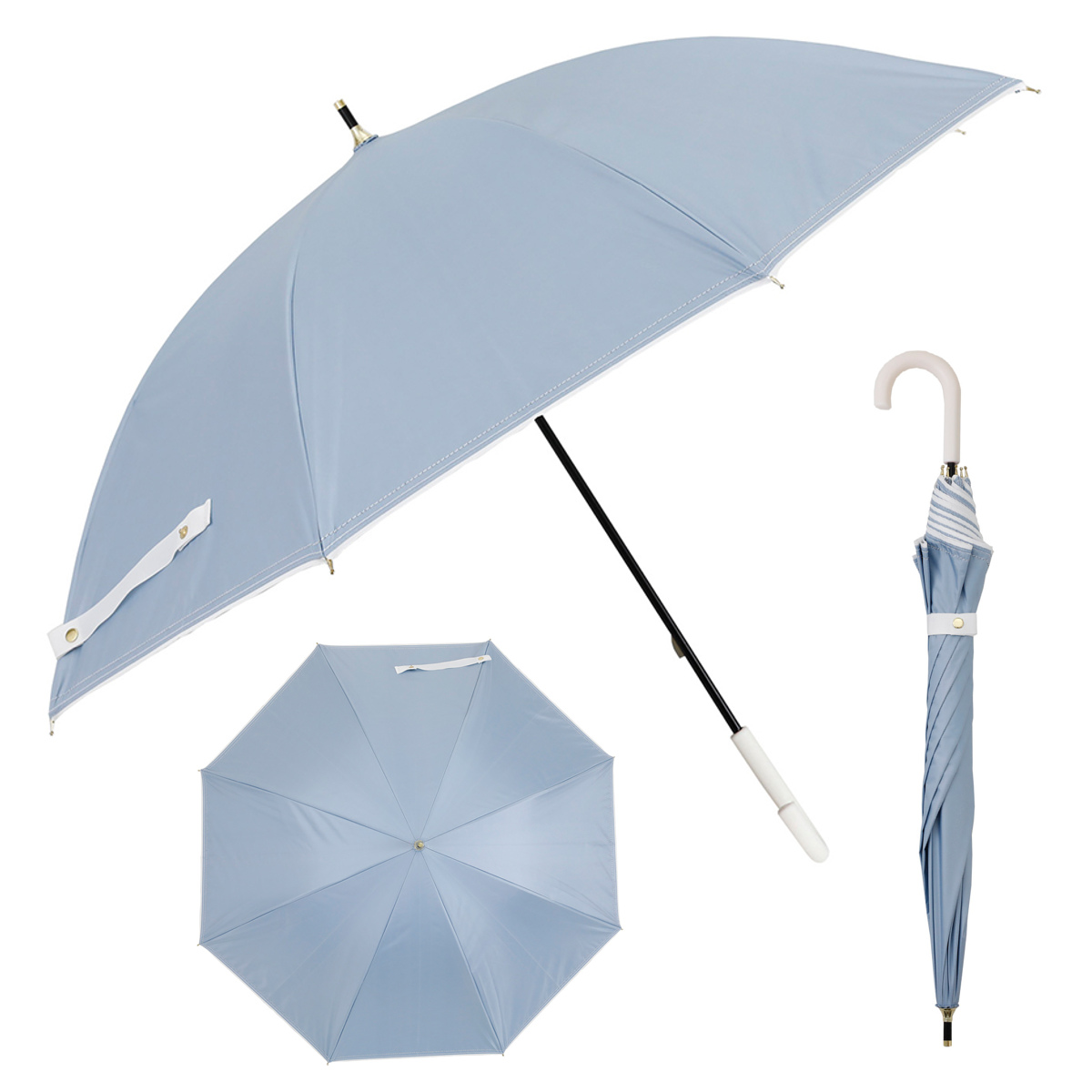 長傘 折りたたみ傘 晴雨兼用 LINEDROPS グログランリボン ステッチ 50cm 手開き式 ( 傘 折り畳み傘 レディース かさ 雨傘 日傘 UVカット 99% 完全遮光 撥水 遮熱 遮光 日焼け防止 カサ アンブレラ 通勤 通学 UV対策 暑さ対策 ) 【ネイビー 折りたたみ傘】 ネイビー 折りたたみ傘