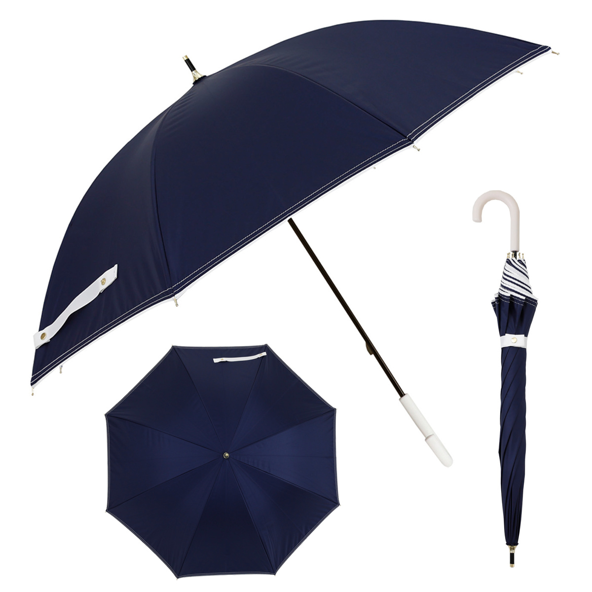 長傘 折りたたみ傘 晴雨兼用 LINEDROPS グログランリボン ステッチ 50cm 手開き式 ( 傘 折り畳み傘 レディース かさ 雨傘 日傘 UVカット 99% 完全遮光 撥水 遮熱 遮光 日焼け防止 カサ アンブレラ 通勤 通学 UV対策 暑さ対策 ) 【ネイビー 折りたたみ傘】 ネイビー 折りたたみ傘