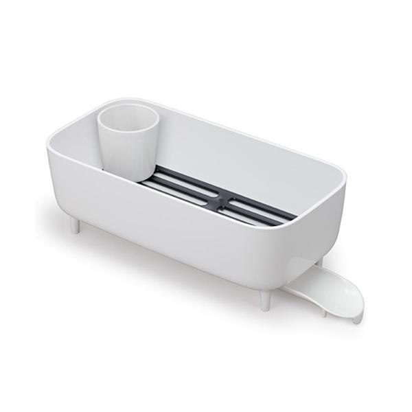 水切りラック 排水ノズル付き ディッシュラック スマートホーム2 プラスチック製 ( 水切りかご 水切りカゴ 水切りバスケット シンクサイド 水切り カトラリーポケット付き 自動排水 水捨て不要 キッチン収納 ) 【ホワイト】 ホワイト