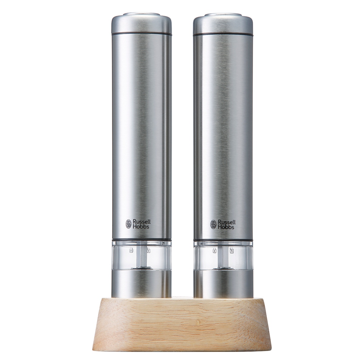 Russell Hobbs 電動ミル ミニ 2本セット 木製スタンド付き ソルト&ペッパーミル ( ラッセルホブス ミル 2個 LEDライト 電池式 ソルトミル ワンプッシュ セラミック刃 ウッドスタンド付き 小さめ 胡椒 岩塩 ) 【ブラック】 ブラック