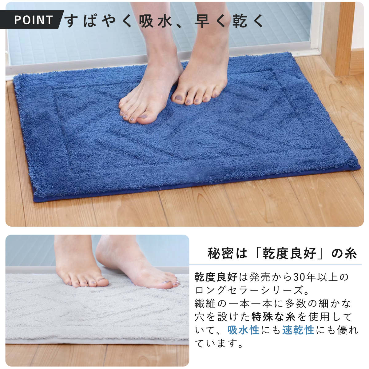 バスマット 乾度良好 リッカ 45×60cm 速乾 ( お風呂マット 足拭きマット お風呂 バスグッズ 浴室マット 玄関マット 吸水 抗菌 防臭 洗濯OK シンプル ) 【ネイビー】 ネイビー