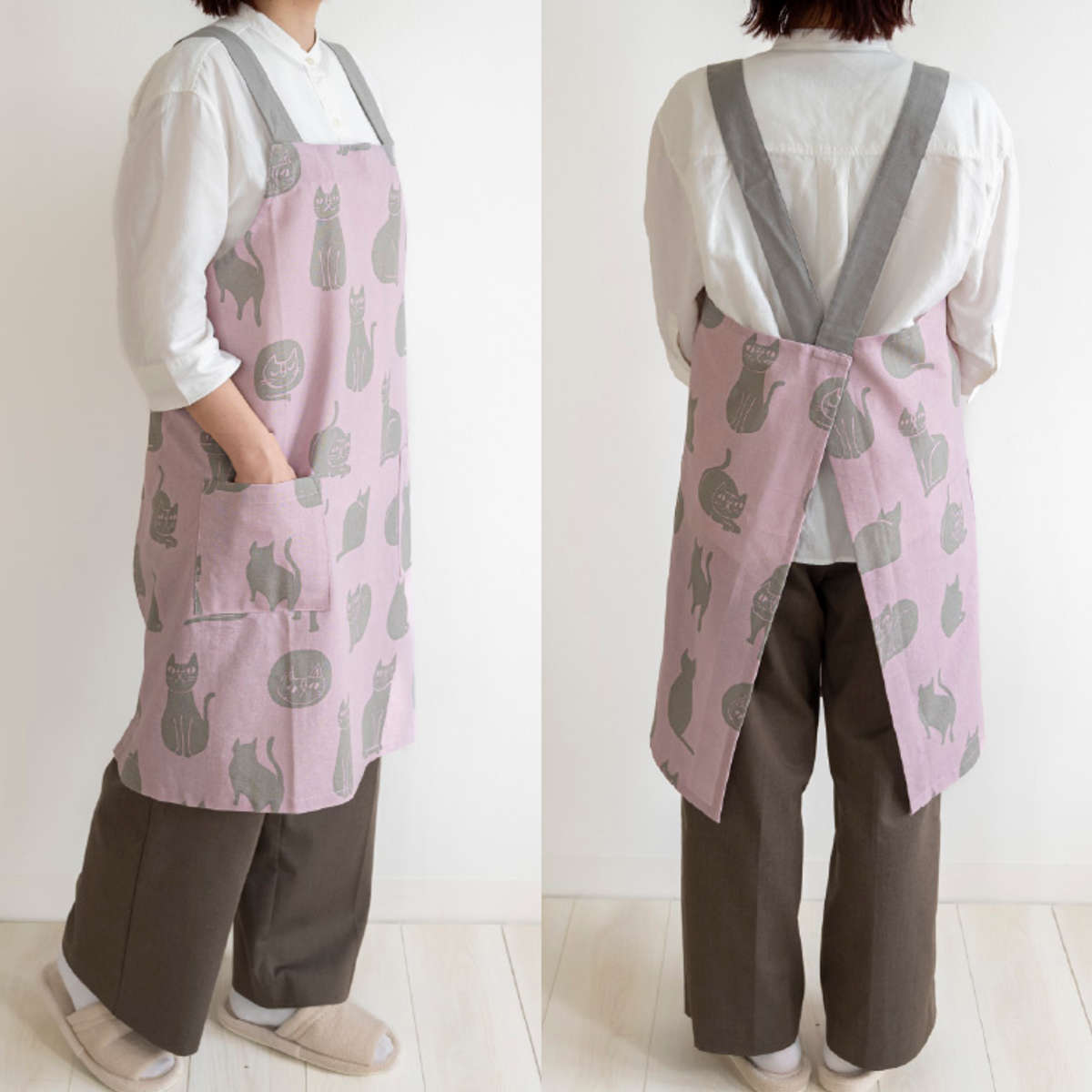 エプロン おかべてつろう ネコ 綿100% ポケット付き 洗濯機可 ( キッチンエプロン 台所エプロン バッククロス フリークロス ねこ 丸洗い 胸当てエプロン かぶるだけ たすき掛け 大人用 レディース インド綿 コットン ) 【ベージュ】 ベージュ