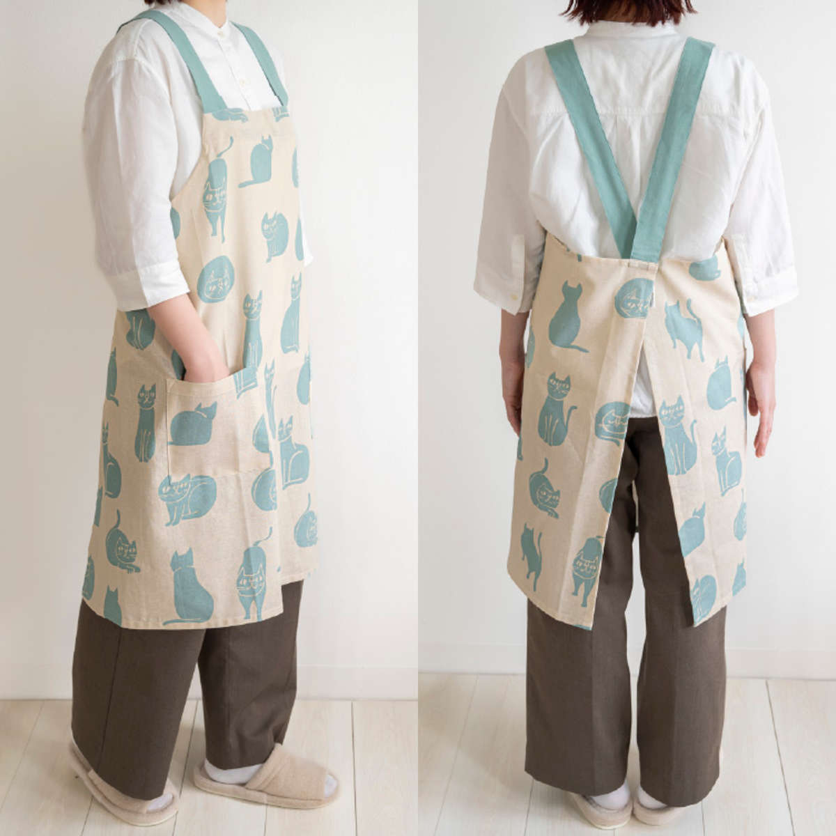 エプロン おかべてつろう ネコ 綿100% ポケット付き 洗濯機可 ( キッチンエプロン 台所エプロン バッククロス フリークロス ねこ 丸洗い 胸当てエプロン かぶるだけ たすき掛け 大人用 レディース インド綿 コットン ) 【ベージュ】 ベージュ