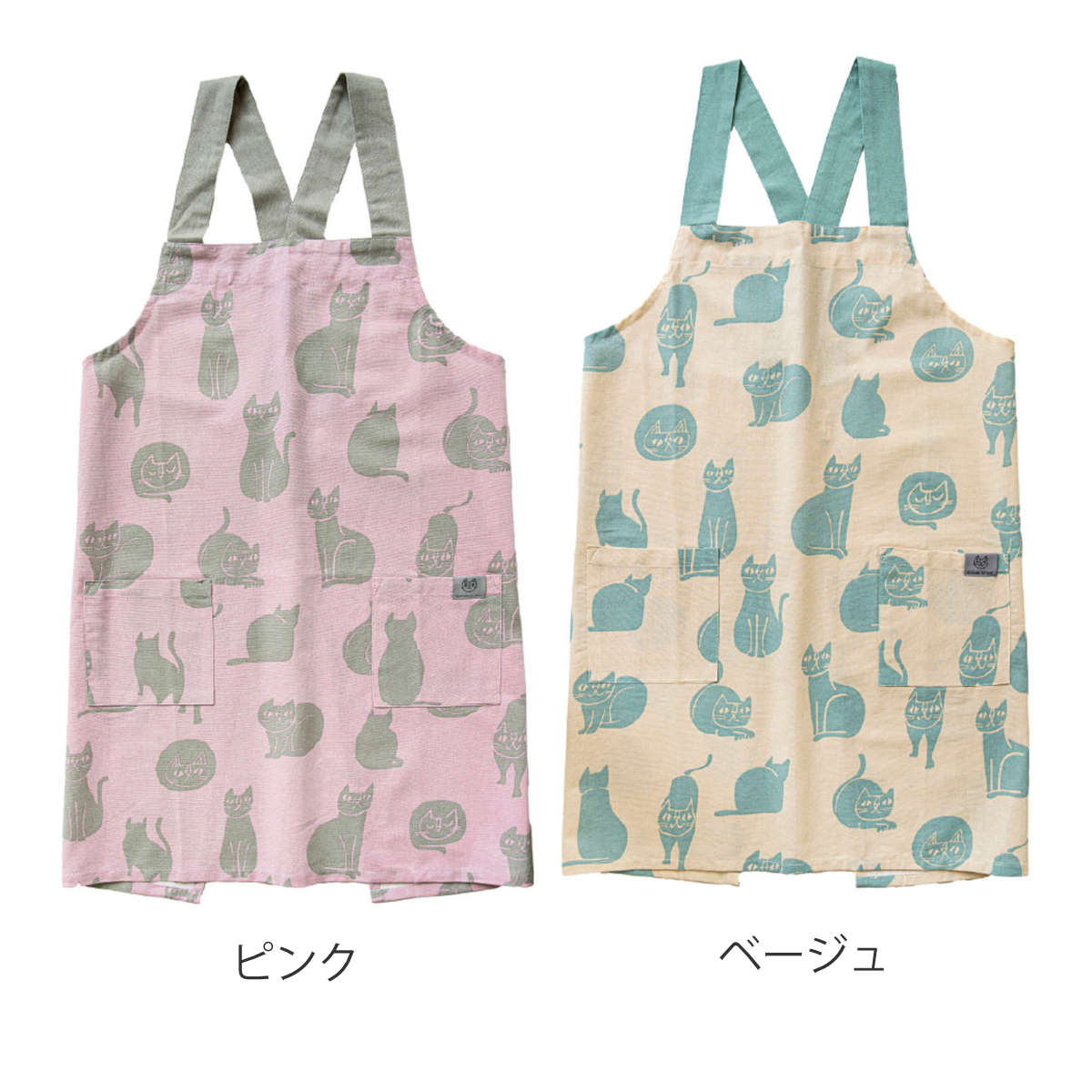 エプロン おかべてつろう ネコ 綿100% ポケット付き 洗濯機可 ( キッチンエプロン 台所エプロン バッククロス フリークロス ねこ 丸洗い 胸当てエプロン かぶるだけ たすき掛け 大人用 レディース インド綿 コットン ) 【ベージュ】 ベージュ