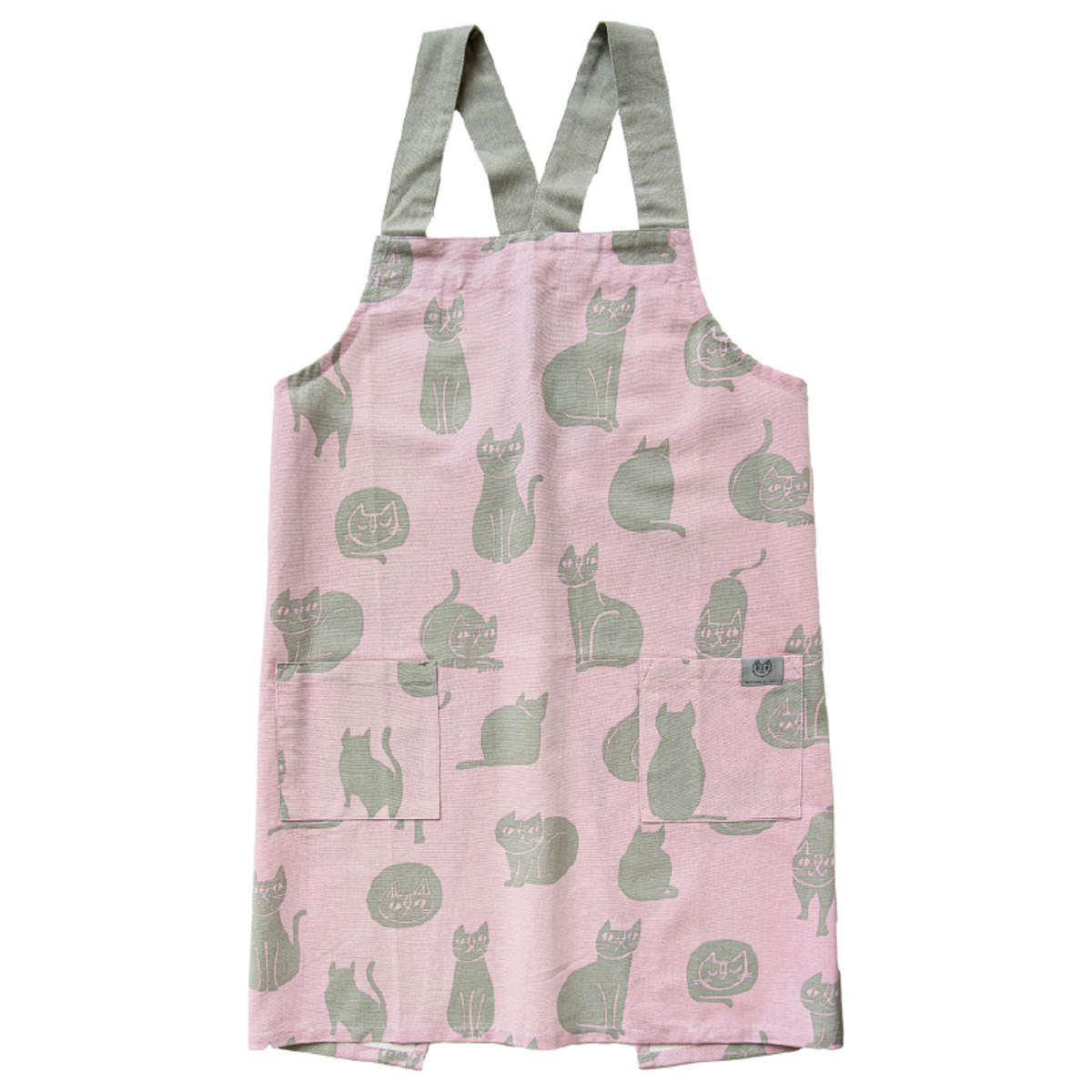 エプロン おかべてつろう ネコ 綿100% ポケット付き 洗濯機可 ( キッチンエプロン 台所エプロン バッククロス フリークロス ねこ 丸洗い 胸当てエプロン かぶるだけ たすき掛け 大人用 レディース インド綿 コットン ) 【ベージュ】 ベージュ