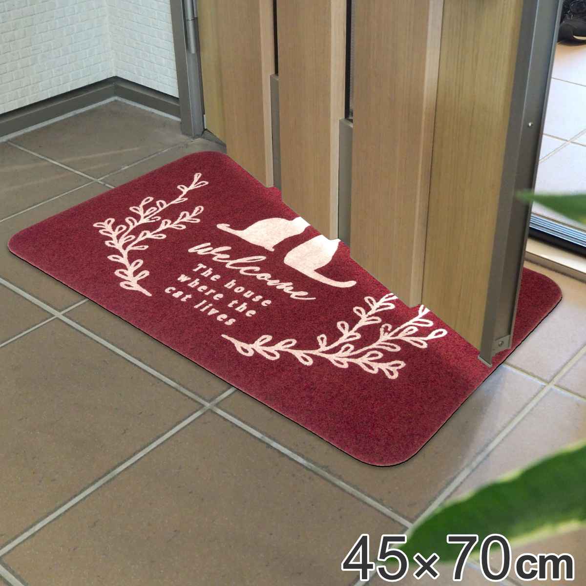 玄関マット 屋外兼用 45×70cm 厚さ1.3cm ネコ レッド （ 玄関 マット