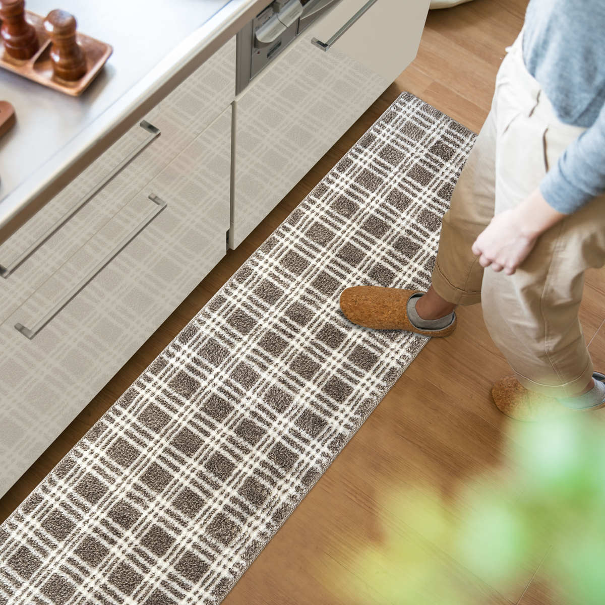 キッチンマット 45×180cm marleインテリアマット チェック ( キッチン マット 180cm キッチンラグ カーペット ラグ 台所マット 長方形 インテリアマット 滑り止め付き 床暖房対応 洗える チェック柄 ) 【アイボリー】 アイボリー