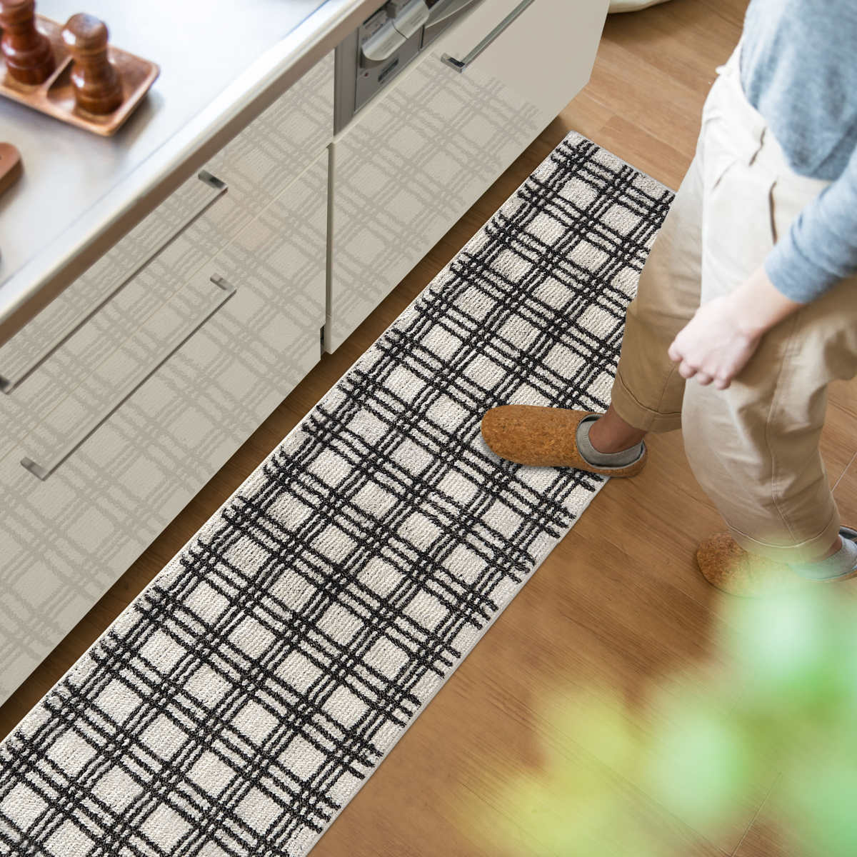 キッチンマット 45×180cm marleインテリアマット チェック ( キッチン マット 180cm キッチンラグ カーペット ラグ 台所マット 長方形 インテリアマット 滑り止め付き 床暖房対応 洗える チェック柄 ) 【アイボリー】 アイボリー