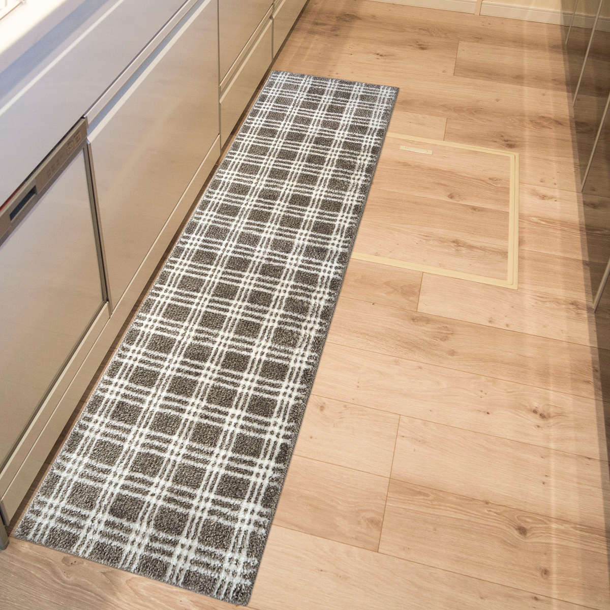 キッチンマット 45×180cm marleインテリアマット チェック ( キッチン マット 180cm キッチンラグ カーペット ラグ 台所マット 長方形 インテリアマット 滑り止め付き 床暖房対応 洗える チェック柄 ) 【アイボリー】 アイボリー