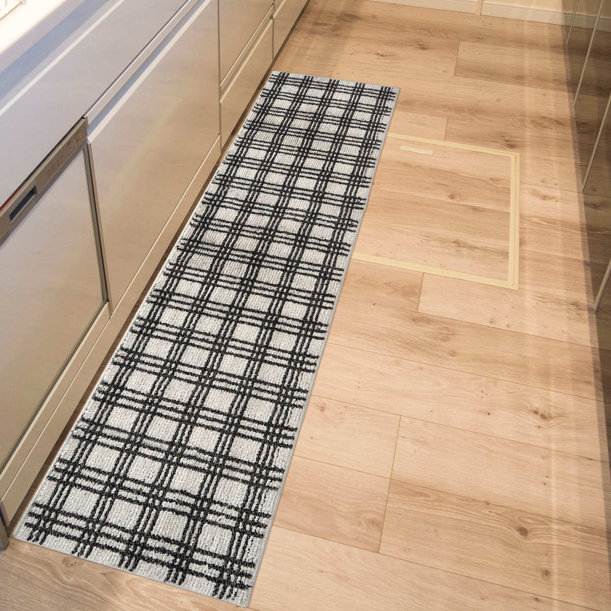 キッチンマット 45×180cm marleインテリアマット チェック ( キッチン マット 180cm キッチンラグ カーペット ラグ 台所マット 長方形 インテリアマット 滑り止め付き 床暖房対応 洗える チェック柄 ) 【アイボリー】 アイボリー