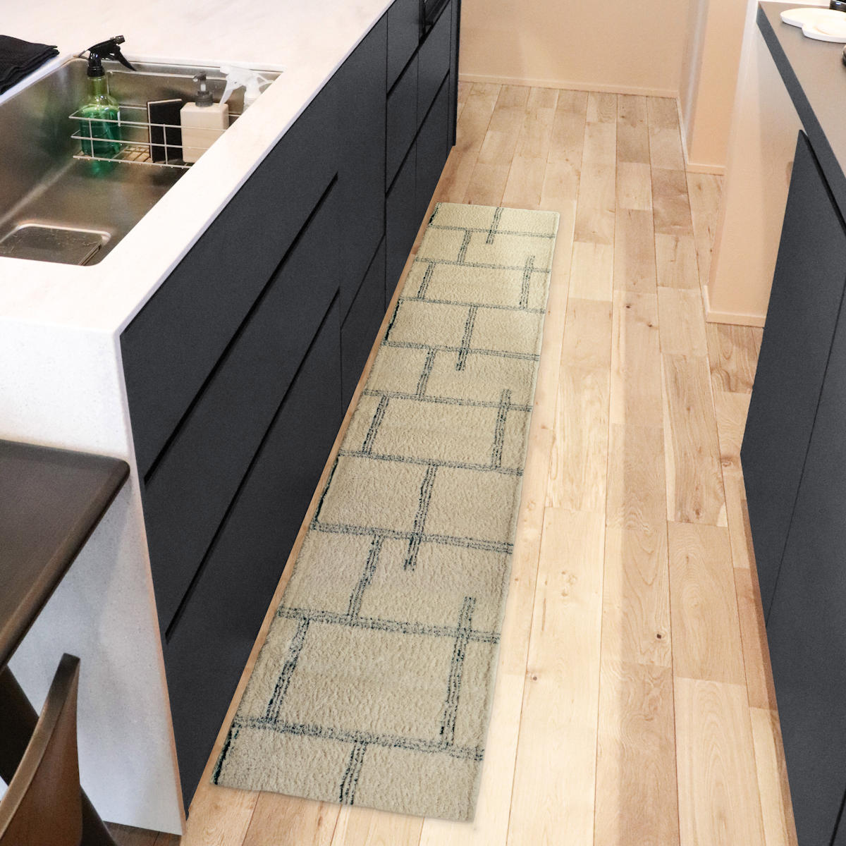 キッチンマット kieto インテリアマット 45×180cm ( 洗える 滑り止め加工 おしゃれ マット 45cm 180cm キッチン 台所 床 フロア キッチン用マット 台所用マット キッチンラグ 長方形 洗濯可能 滑り止め 薄手 短毛 シンプル ) 【アイボリー】 アイボリー
