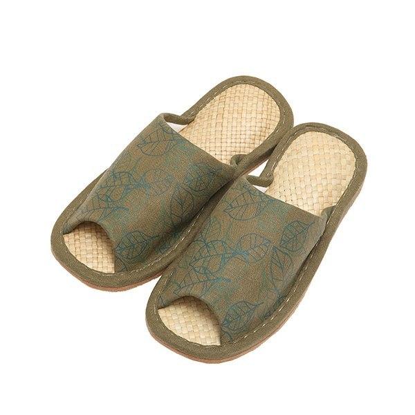スリッパ 麻プリント網代編み外縫い M ( ルームシューズ ルームスリッパ 室内 レディース 夏 夏用 ナチュラル リーフ リーフ柄 麻 竹 来客用 室内用 前開き ) 【グリーン】 グリーン