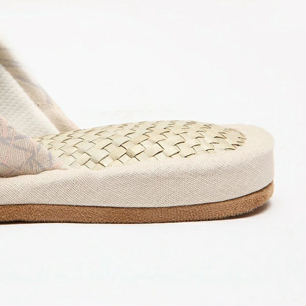 スリッパ 麻プリント網代編み外縫い M ( ルームシューズ ルームスリッパ 室内 レディース 夏 夏用 ナチュラル リーフ リーフ柄 麻 竹 来客用 室内用 前開き ) 【グリーン】 グリーン