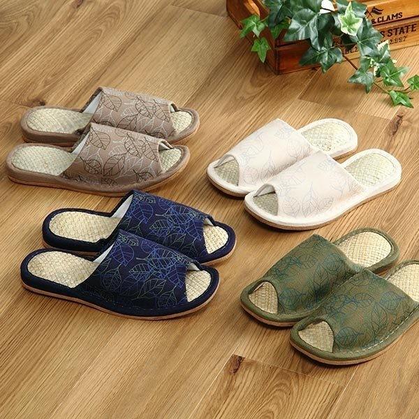 スリッパ 麻プリント網代編み外縫い M ( ルームシューズ ルームスリッパ 室内 レディース 夏 夏用 ナチュラル リーフ リーフ柄 麻 竹 来客用 室内用 前開き ) 【グリーン】 グリーン