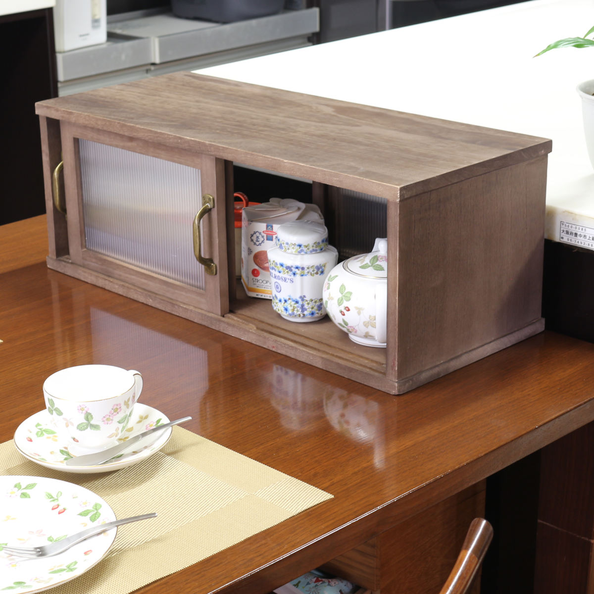 カウンター上収納 アンティーク風 カウンター上収納庫 幅60cm キッチン ( カウンターラック カップボード スパイスラック 卓上ラック ショーケース 引き戸 調味料ラック カウンター上 卓上 台所収納 木製 コンパクト スリム )