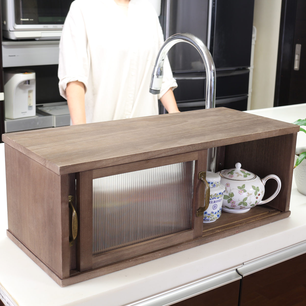 カウンター上収納 アンティーク風 カウンター上収納庫 幅60cm キッチン ( カウンターラック カップボード スパイスラック 卓上ラック ショーケース 引き戸 調味料ラック カウンター上 卓上 台所収納 木製 コンパクト スリム )