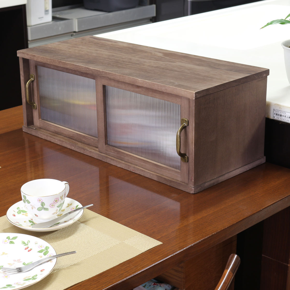 カウンター上収納 アンティーク風 カウンター上収納庫 幅60cm キッチン ( カウンターラック カップボード スパイスラック 卓上ラック ショーケース 引き戸 調味料ラック カウンター上 卓上 台所収納 木製 コンパクト スリム )