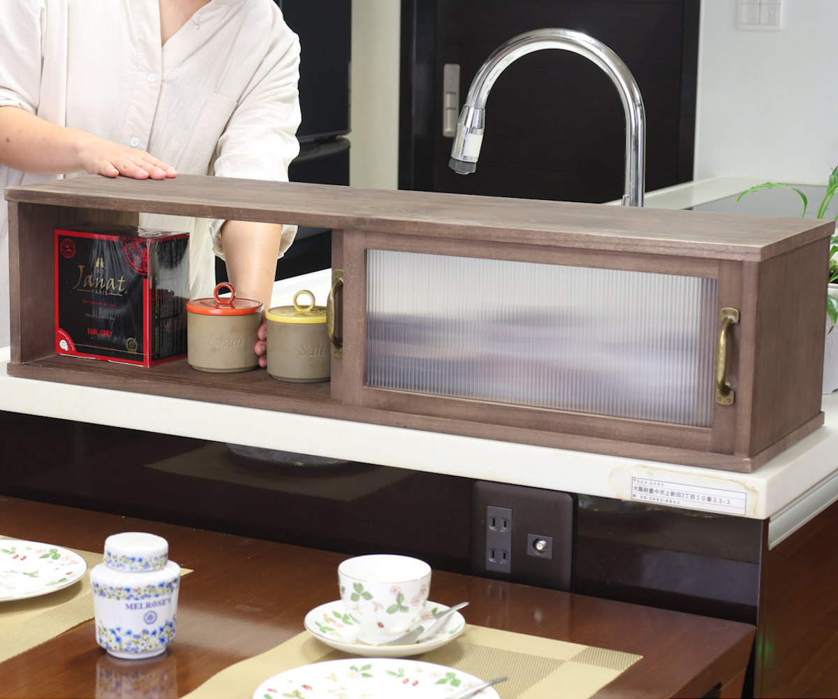 カウンター上収納 アンティーク風 カウンター上収納庫 幅90cm キッチン ( カウンターラック カップボード スパイスラック 卓上ラック ショーケース 引き戸 調味料ラック カウンター上 卓上 台所収納 木製 コンパクト スリム )