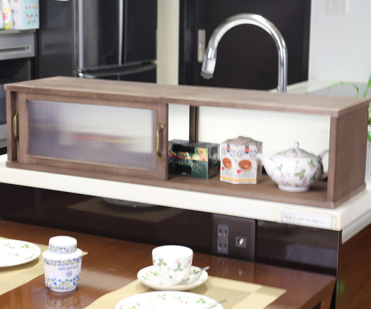 カウンター上収納 アンティーク風 カウンター上収納庫 幅90cm キッチン ( カウンターラック カップボード スパイスラック 卓上ラック ショーケース 引き戸 調味料ラック カウンター上 卓上 台所収納 木製 コンパクト スリム )