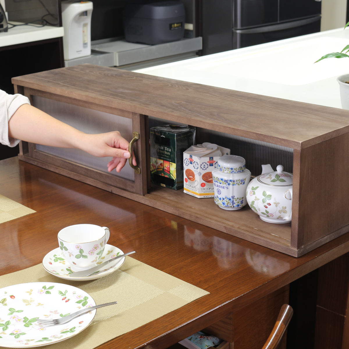 カウンター上収納 アンティーク風 カウンター上収納庫 幅90cm キッチン ( カウンターラック カップボード スパイスラック 卓上ラック ショーケース 引き戸 調味料ラック カウンター上 卓上 台所収納 木製 コンパクト スリム )